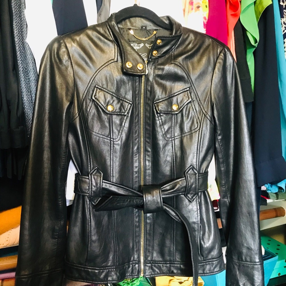 Guess Genuine Leather Motorcycle Jacket with belt
